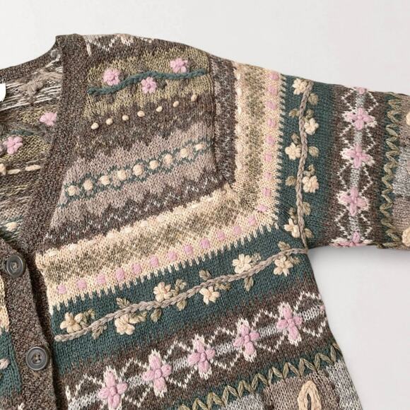 90s Cottagecore 100% Wool Embroidered Sweater Botanical Tyrolean Whimsical Sz M - Picture 3 of 8